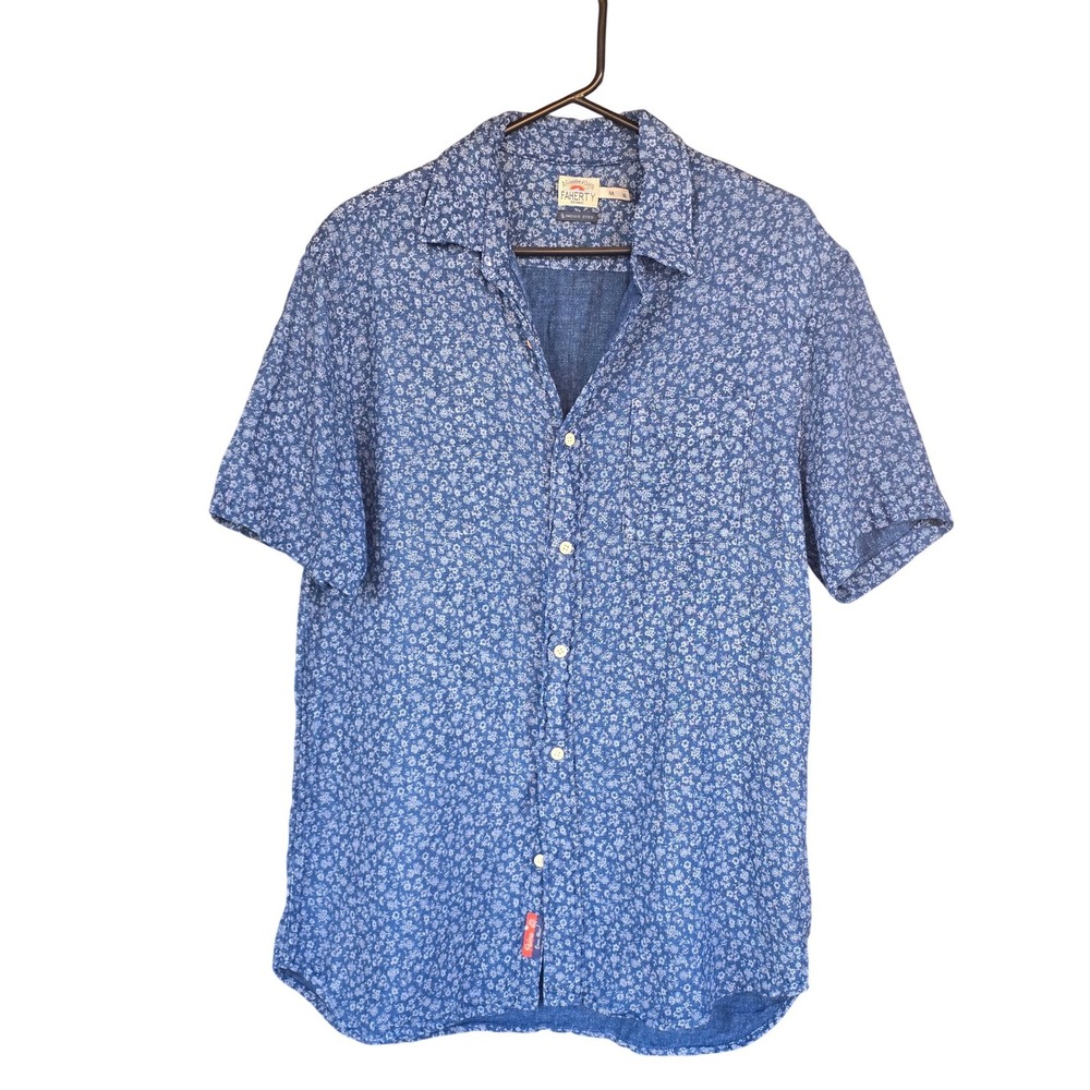 Faherty Brand Palma Linen Shirt Mens Medium Indigo Dyed Blue Floral Short Sleeve